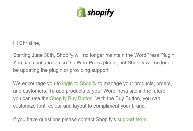 Shopify para dejar de mantener el complemento de WordPress