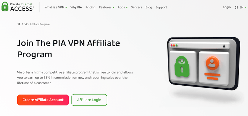 Página de inicio de marketing de afiliación de acceso privado a Internet. 